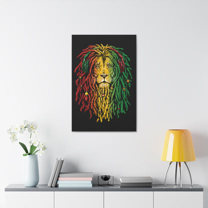 "Bob Marley-Inspired Lion Wall Art on canvas, acrylic, and metal – front view featuring reggae colors and dreadlock-style mane"
