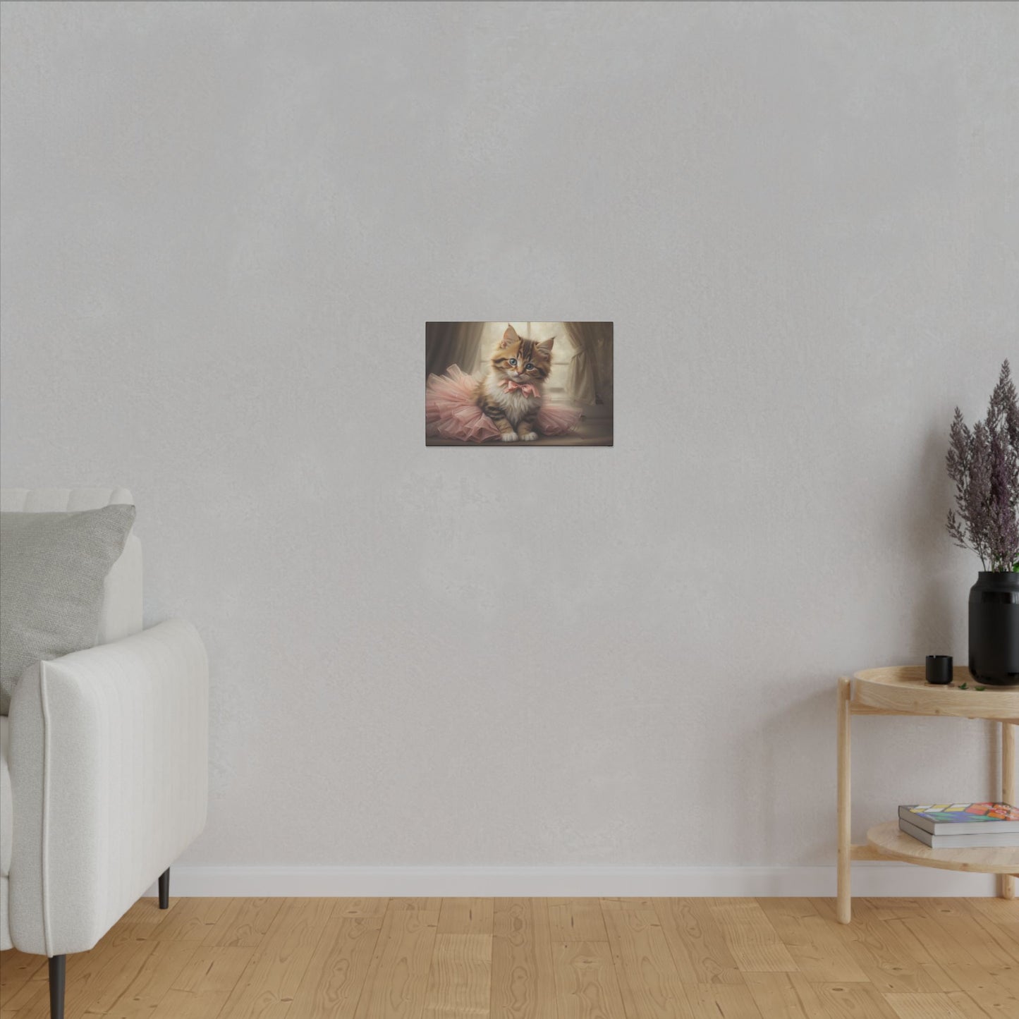 "Kitten in a Tutu Wall Art on premium canvas, acrylic, and metal – front view featuring an adorable kitten in a tutu"
