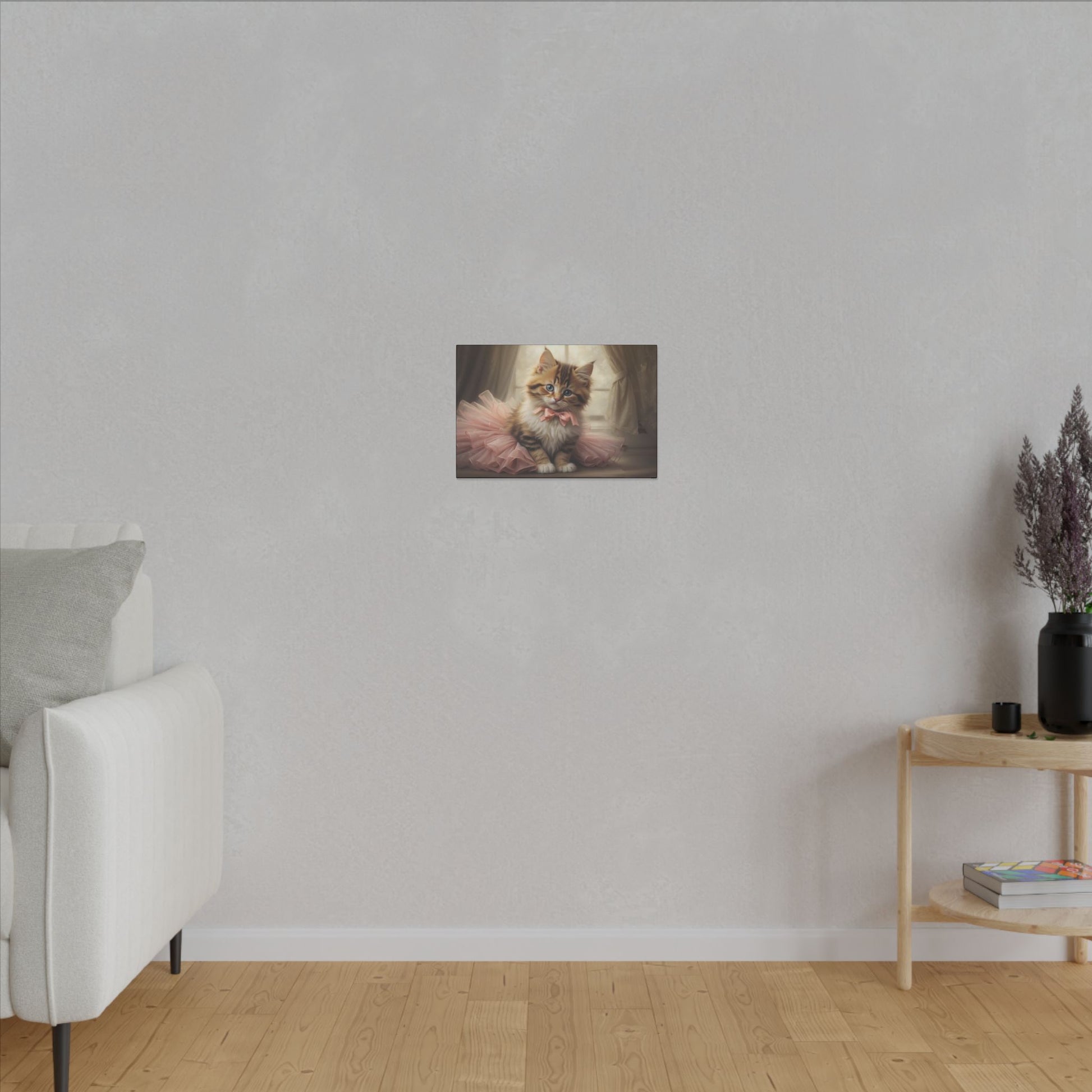 "Kitten in a Tutu Wall Art on premium canvas, acrylic, and metal – front view featuring an adorable kitten in a tutu"
