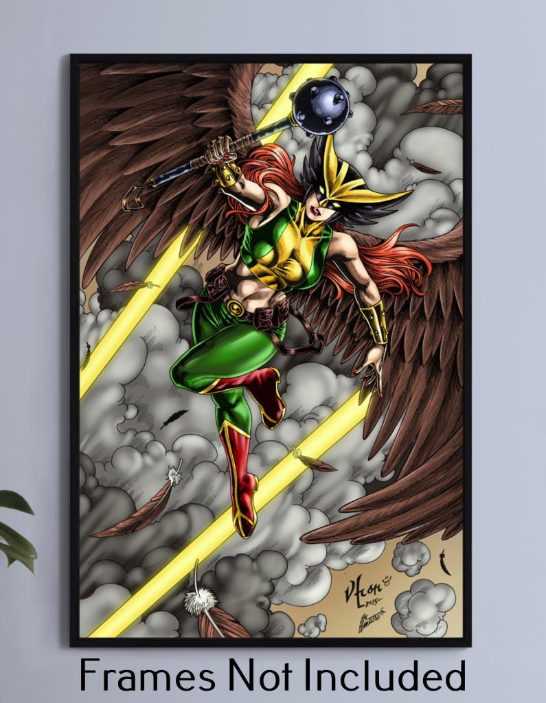 Hawkgirl flying with mace and lightning – poster print