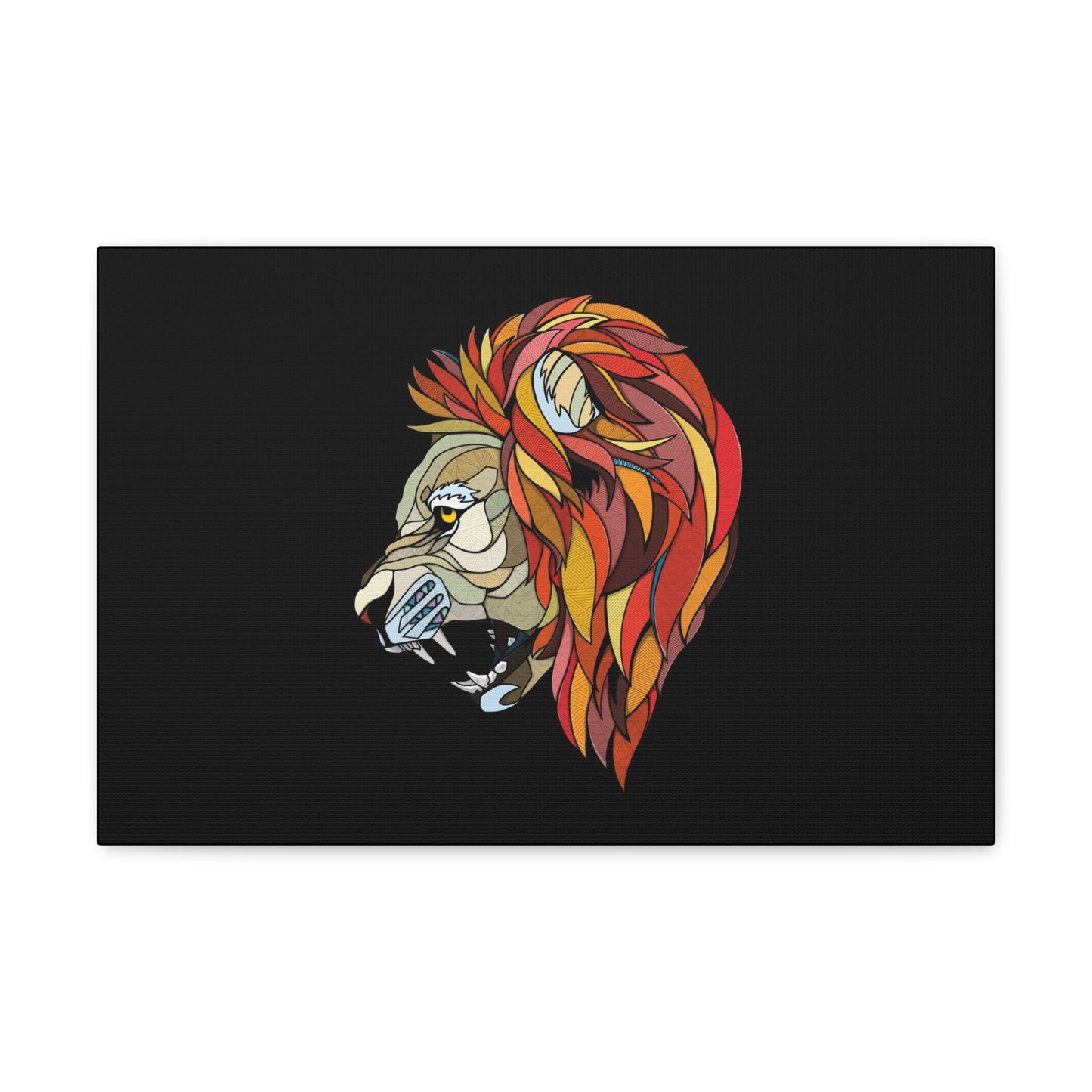 "Prismatic King – Geometric Shape Lion Wall Art on canvas, acrylic, and metal – front view featuring a bold lion made of angular geometric patterns."

