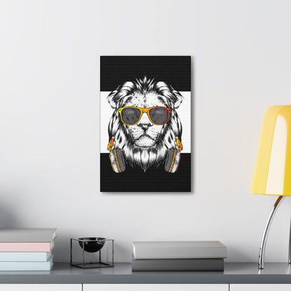 "Cool Lion with Headphones & Shades Wall Art on canvas, acrylic, and metal – front view of urban music-inspired design"
