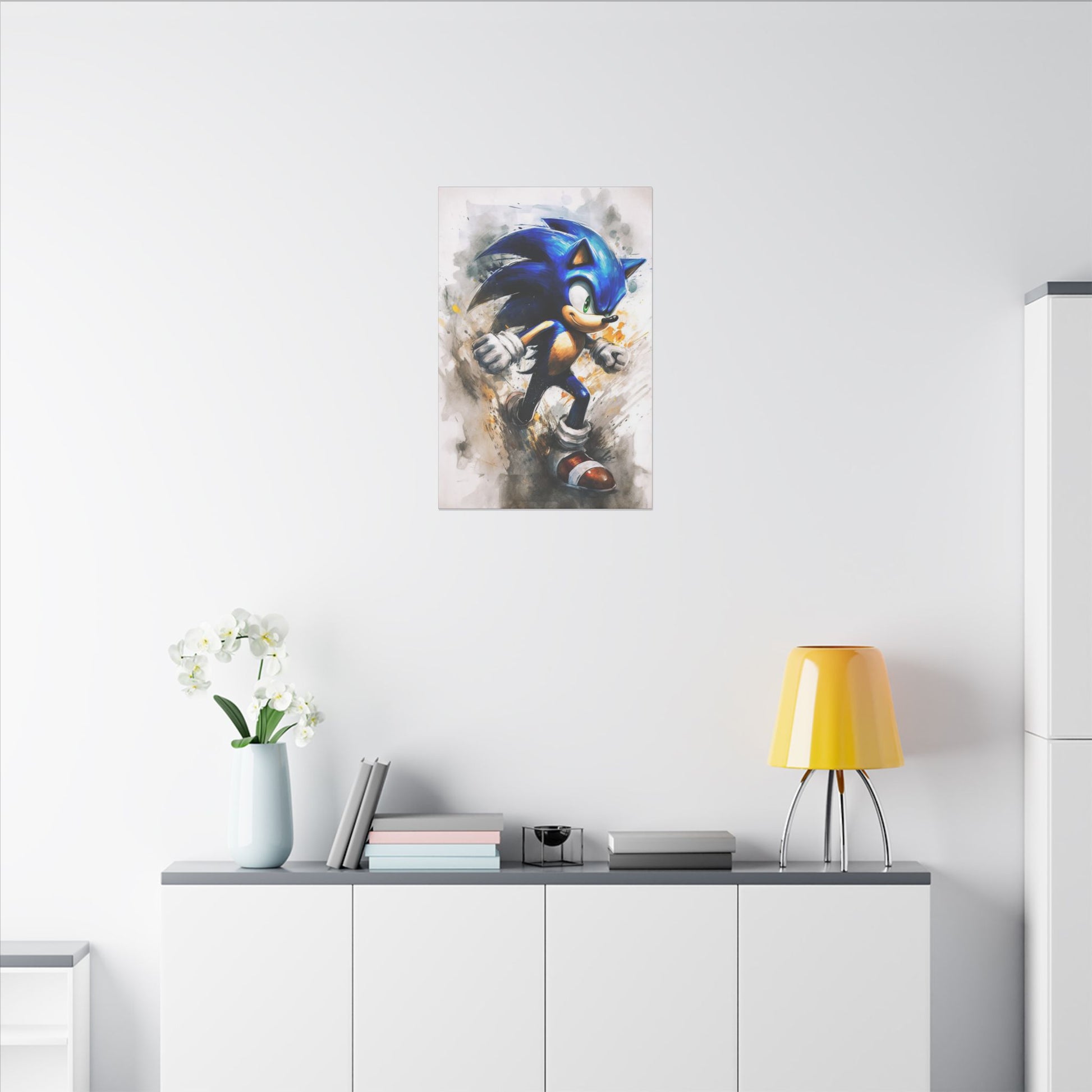 "Sonic the Hedgehog Retro Pop Art Wall Art on premium canvas, acrylic, and metal – front view featuring bold retro design"
