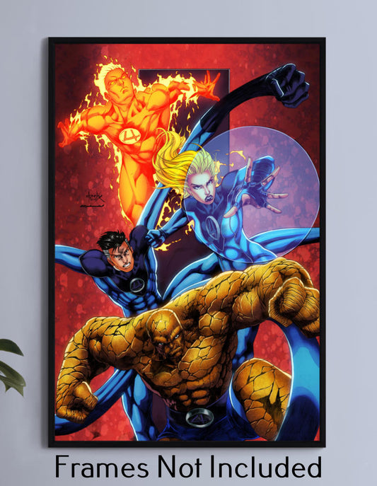 "Unbreakable Force – Fantastic Four Wall Art on canvas, acrylic, and metal – action pose of Mr. Fantastic, Invisible Woman, Human Torch, and The Thing."

