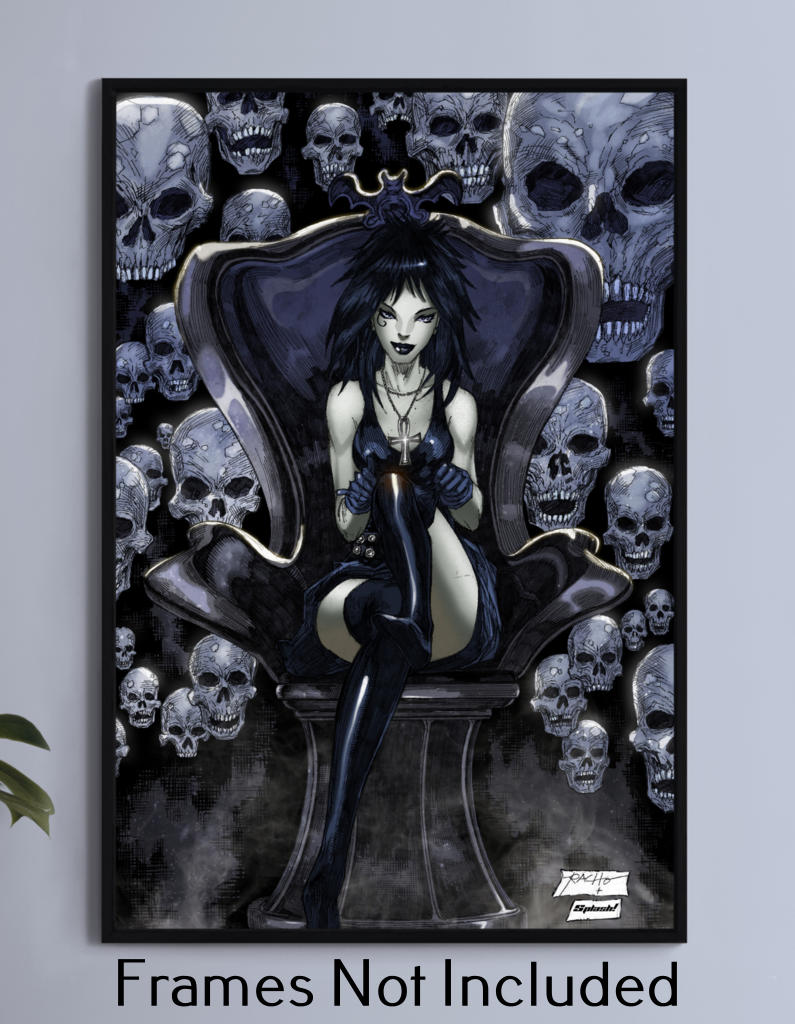 “Death Wall Art – Endless Grace on canvas, acrylic, or metal – goth comic icon with black hair, ankh, and quiet smile.”

