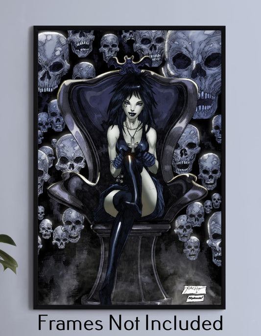 “Death Wall Art – Endless Grace on canvas, acrylic, or metal – goth comic icon with black hair, ankh, and quiet smile.”

