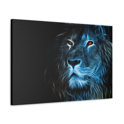 "Azure Majesty – Blue Line Art Lion Wall Print on canvas, acrylic, and metal – front view featuring a striking lion composed of bold blue lines."
