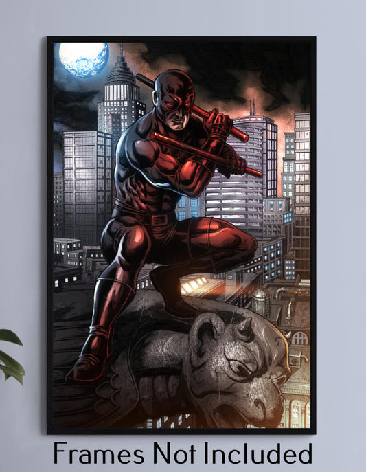 Daredevil crouched on gargoyle rooftop over NYC skyline, 11x17 comic art print