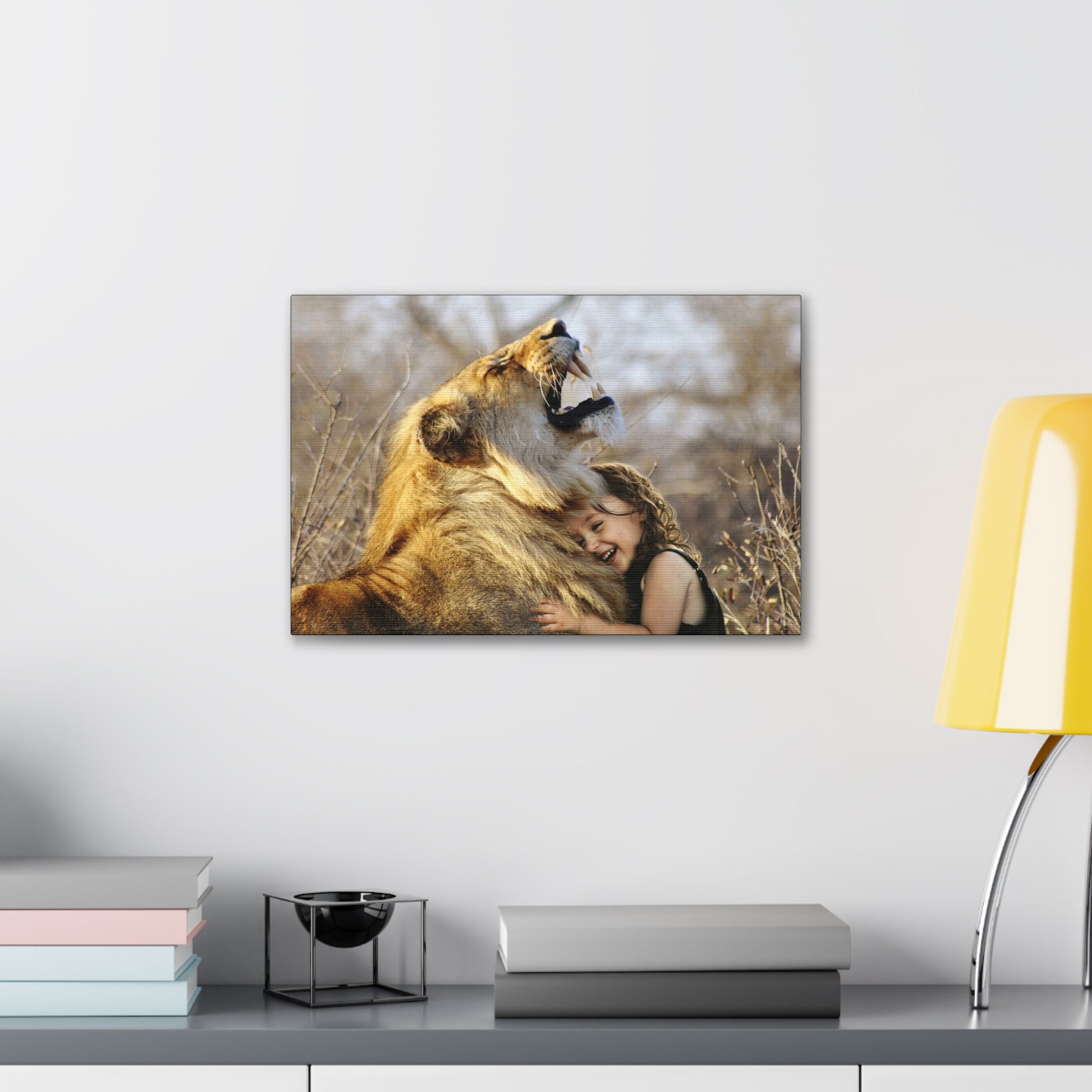 "Guardian’s Embrace – Lion and Little Girl Wall Art on canvas, acrylic, and metal – front view featuring a heartwarming embrace between a lion and child."
