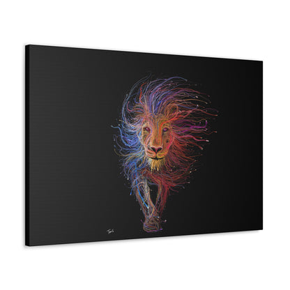 "Spectrum King – Vibrant Line Art Lion Wall Print on canvas, acrylic, and metal – front view featuring a colorful abstract lion shape."

