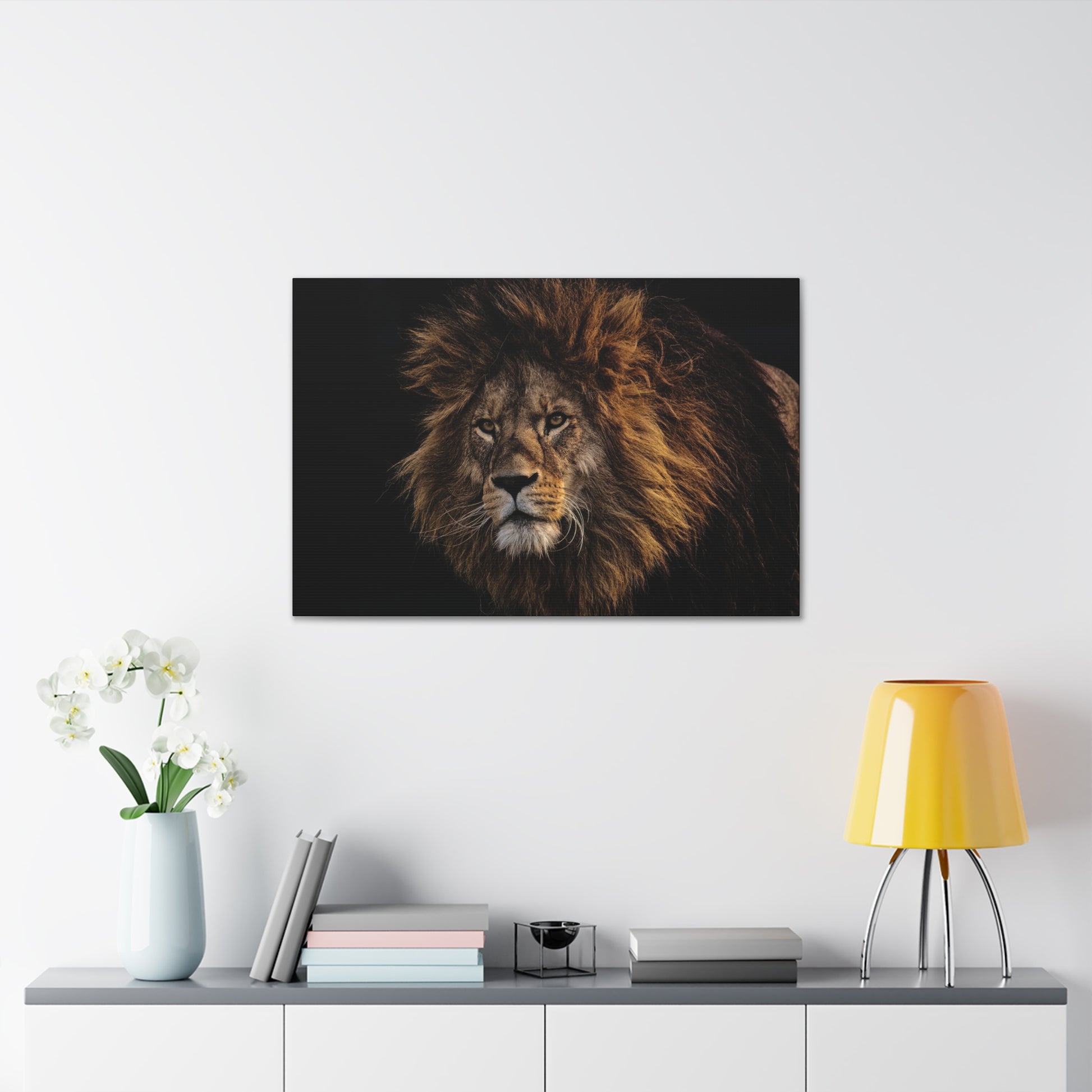 "Majestic King – Big Lion Wall Art on canvas, acrylic, and metal – front view featuring a powerful and detailed lion portrait."
