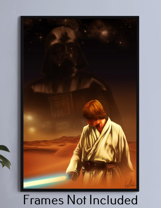 "Destiny Divided – Luke Skywalker & Darth Vader Wall Art on canvas, acrylic, and metal – Luke on Tatooine with Vader’s shadow looming behind."


