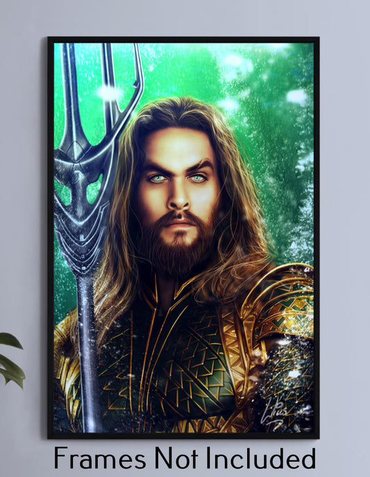 "Tidebreaker – Aquaman Wall Art featuring Jason Momoa in a Justice League pose, holding trident, with waves crashing behind."

