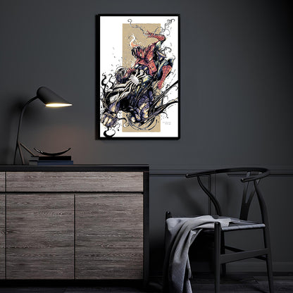 Poster print of Spider-Man fighting Venom mid-air with webs and tendrils swirling  

