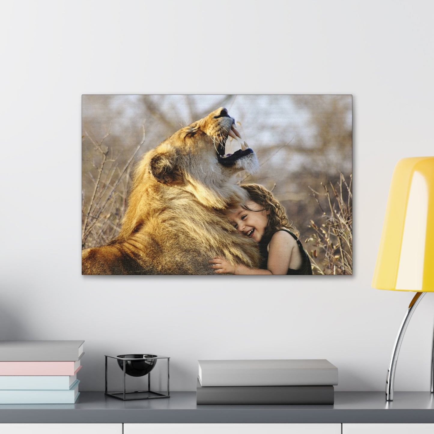 "Guardian’s Embrace – Lion and Little Girl Wall Art on canvas, acrylic, and metal – front view featuring a heartwarming embrace between a lion and child."

