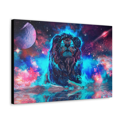 "Cosmic King – Multicolor Lion Over Galaxy Wall Art on canvas, acrylic, and metal – front view featuring a vibrant lion portrait against a deep-space galaxy."
