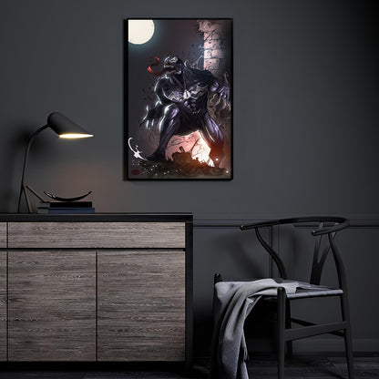 Poster print of Venom crouching on a rooftop under the moon with tendrils swirling  
