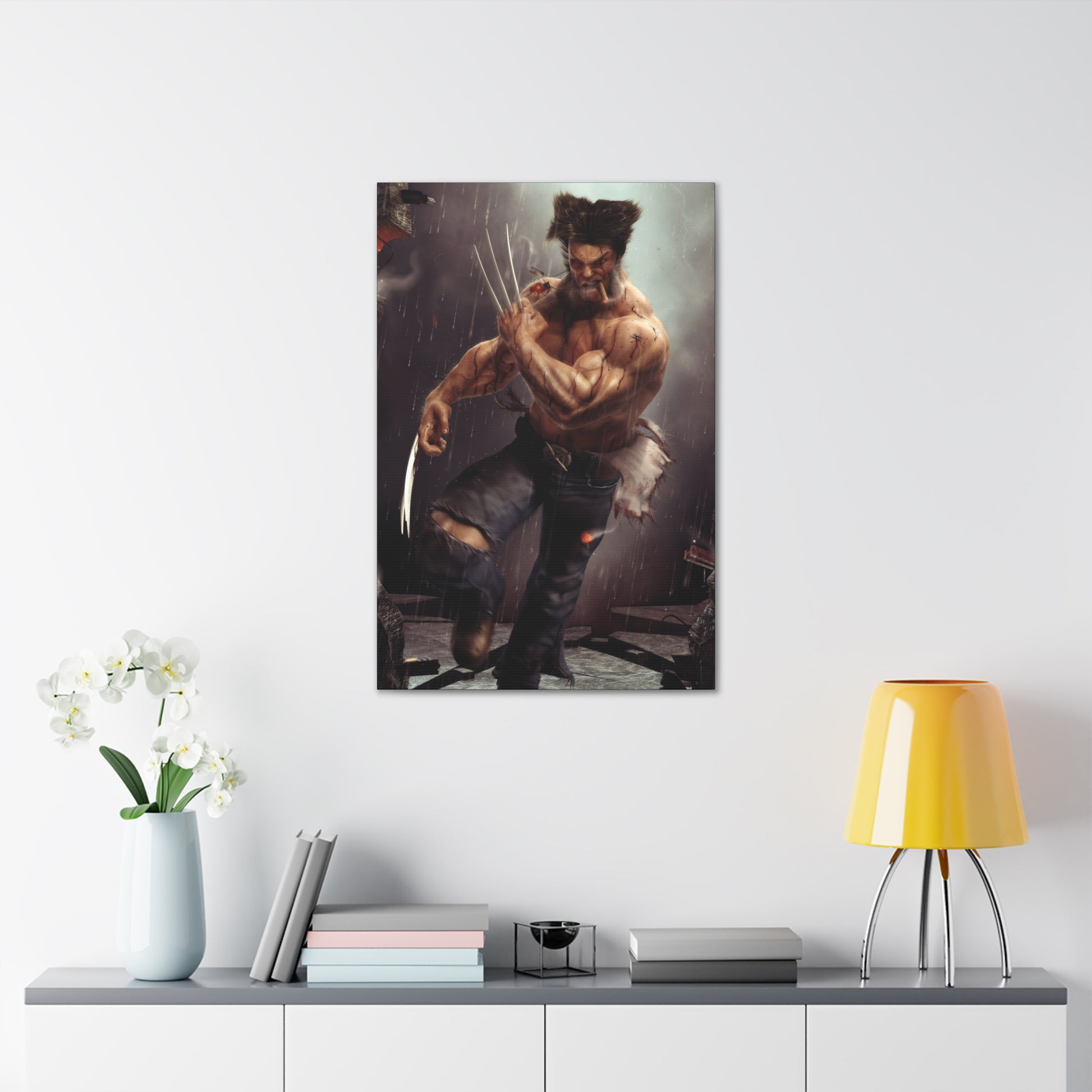 "Berserker Unchained – Wolverine Cutting Loose Wall Art on canvas, acrylic, and metal – front view featuring Wolverine mid-slash, claws extended in full rage."
