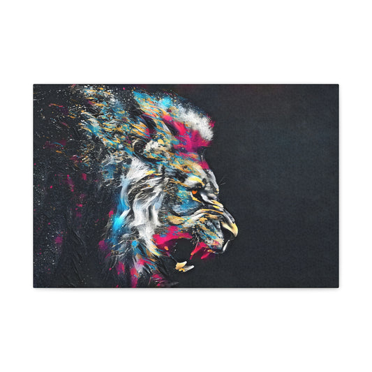 "Fury of the Wild – Colorful Snarling Lion Wall Art on canvas, acrylic, and metal – front view featuring a fierce, neon-colored lion baring its teeth."