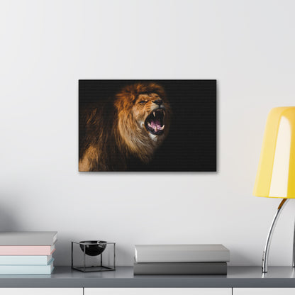 "Roar of the King – Powerful Roaring Lion Wall Art on canvas, acrylic, and metal – front view featuring a fierce roaring lion."

