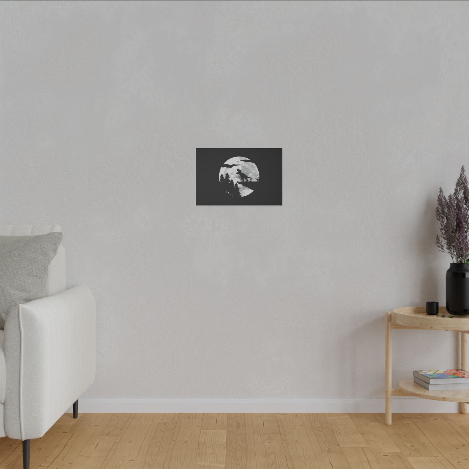 "T-Rex Silhouette Wall Art on premium canvas, acrylic, and metal – front view featuring a bold T-Rex silhouette"
