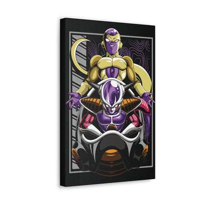 "Dual Power – Golden Freeza & Freeza in Throne Wall Art on canvas, acrylic, and metal – featuring both Freeza’s golden transformation and his classic form in his chair."
