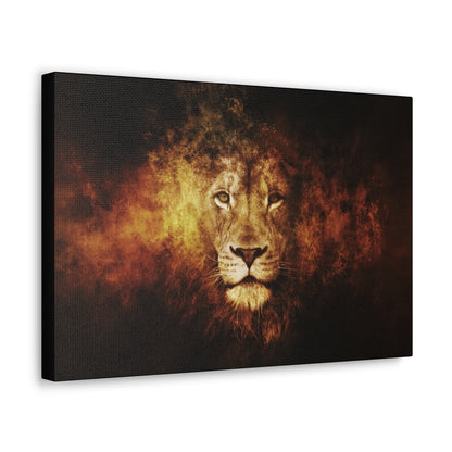 "Inferno King – Fiery Lion Head Illusion Wall Art on canvas, acrylic, and metal – front view featuring a roaring lion’s head emerging from flames."

