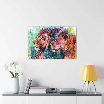 "Royal Bond – Vibrant Male & Female Lion Wall Art on canvas, acrylic, and metal – front view featuring a beautifully colored lion and lioness."
