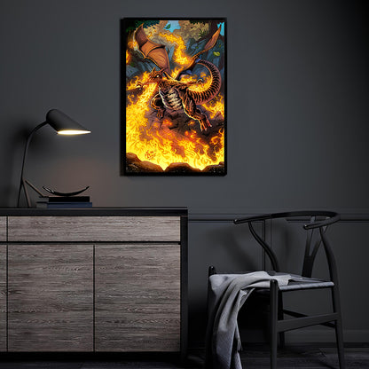 Charizard unleashing flames midair in a fiery battle, 11x17 Pokémon art print