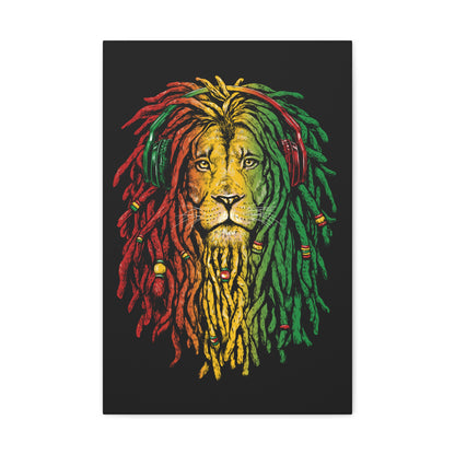"Bob Marley-Inspired Lion Wall Art on canvas, acrylic, and metal – front view featuring reggae colors and dreadlock-style mane"
