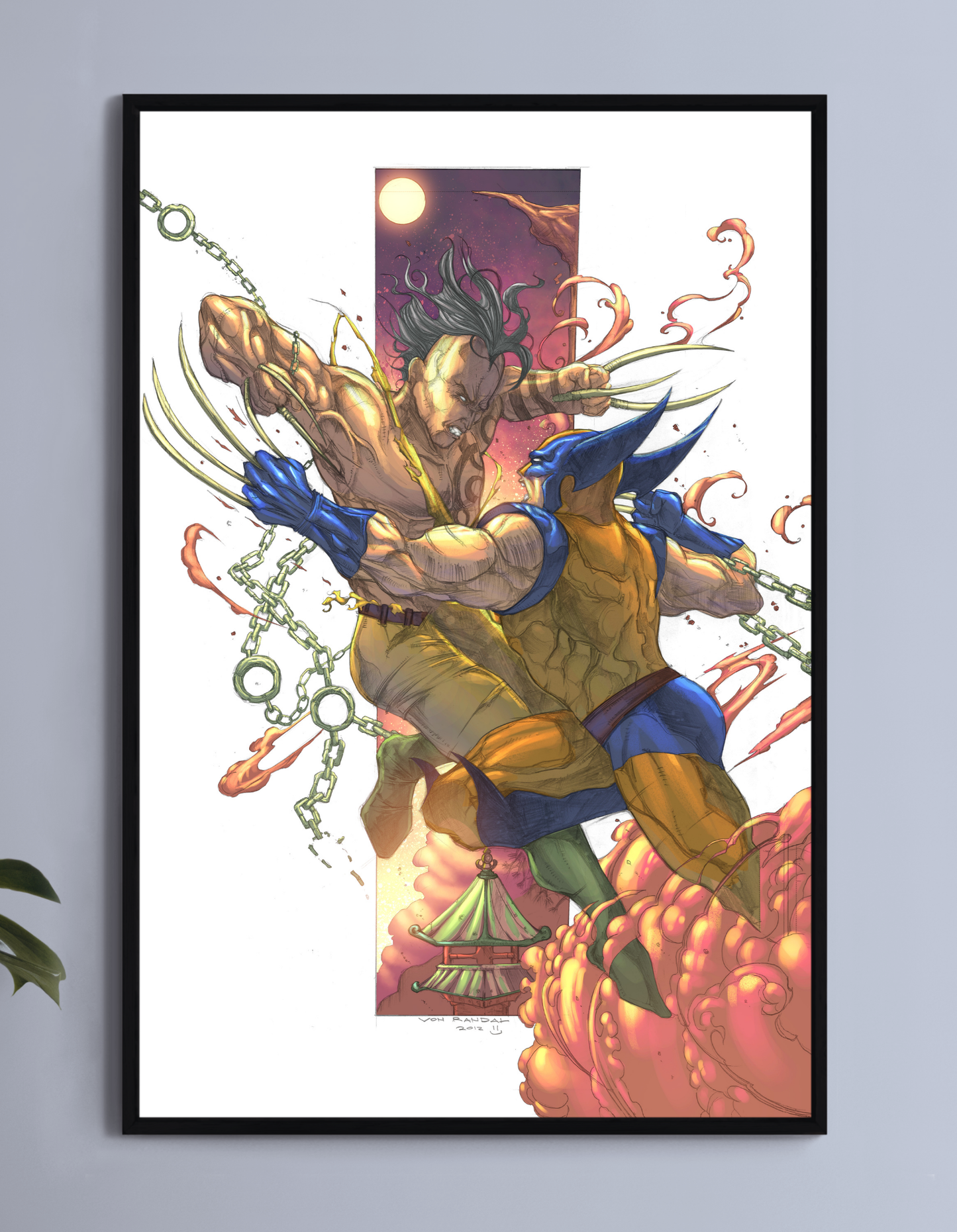 Poster print of Wolverine and Daken in mid-air battle with claws clashing and chains flying  
