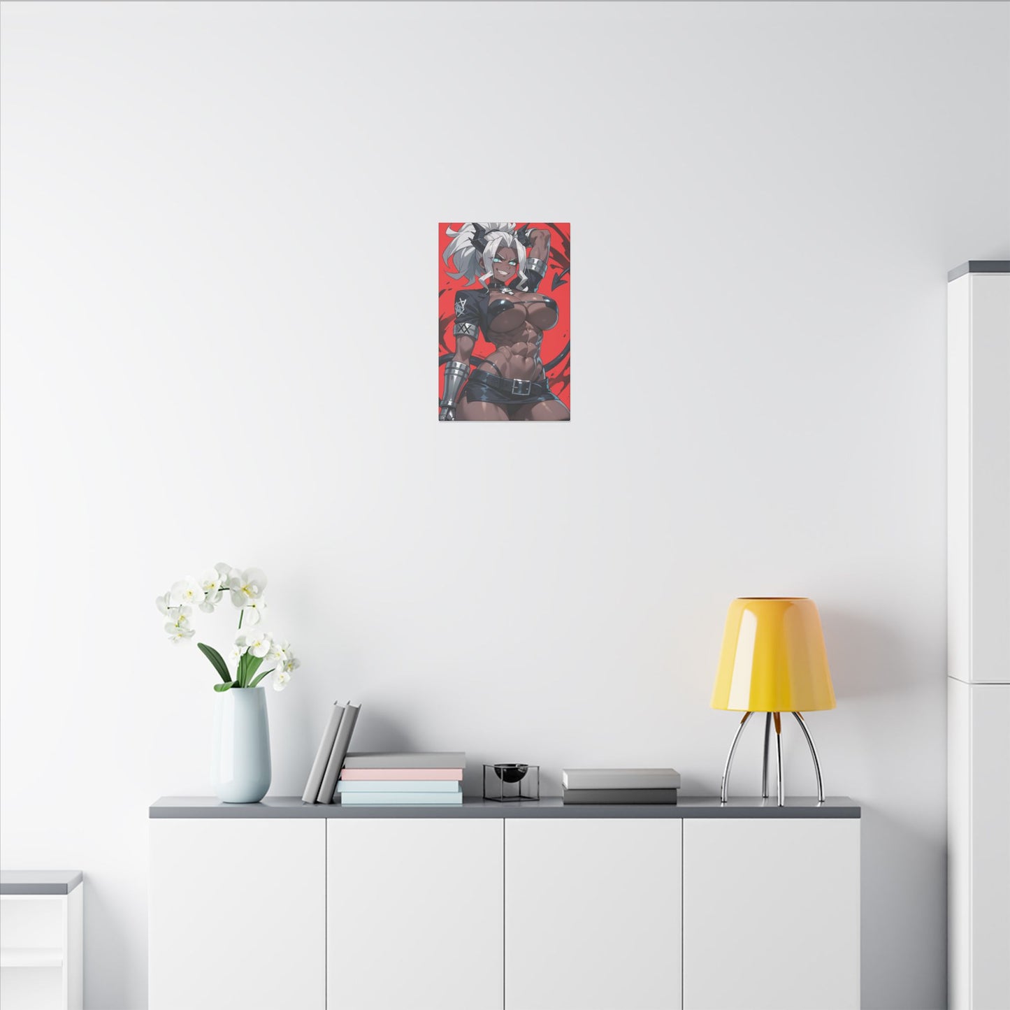 Helltaker Wall Art on premium canvas, acrylic, and metal – front view featuring the main character from Helltaker