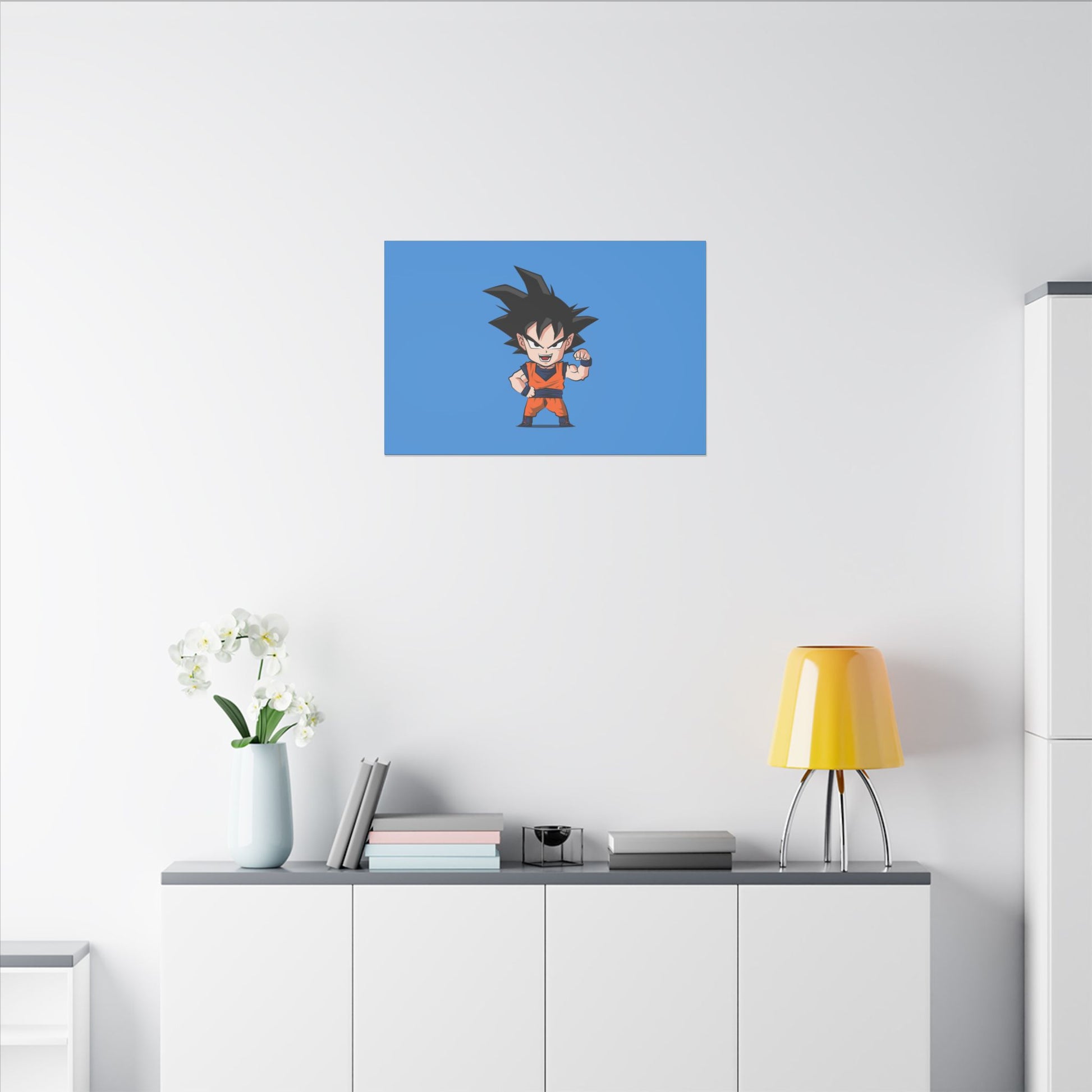 "Chibi Goku Wall Art on canvas, acrylic, and metal – front view featuring adorable chibi Goku"
