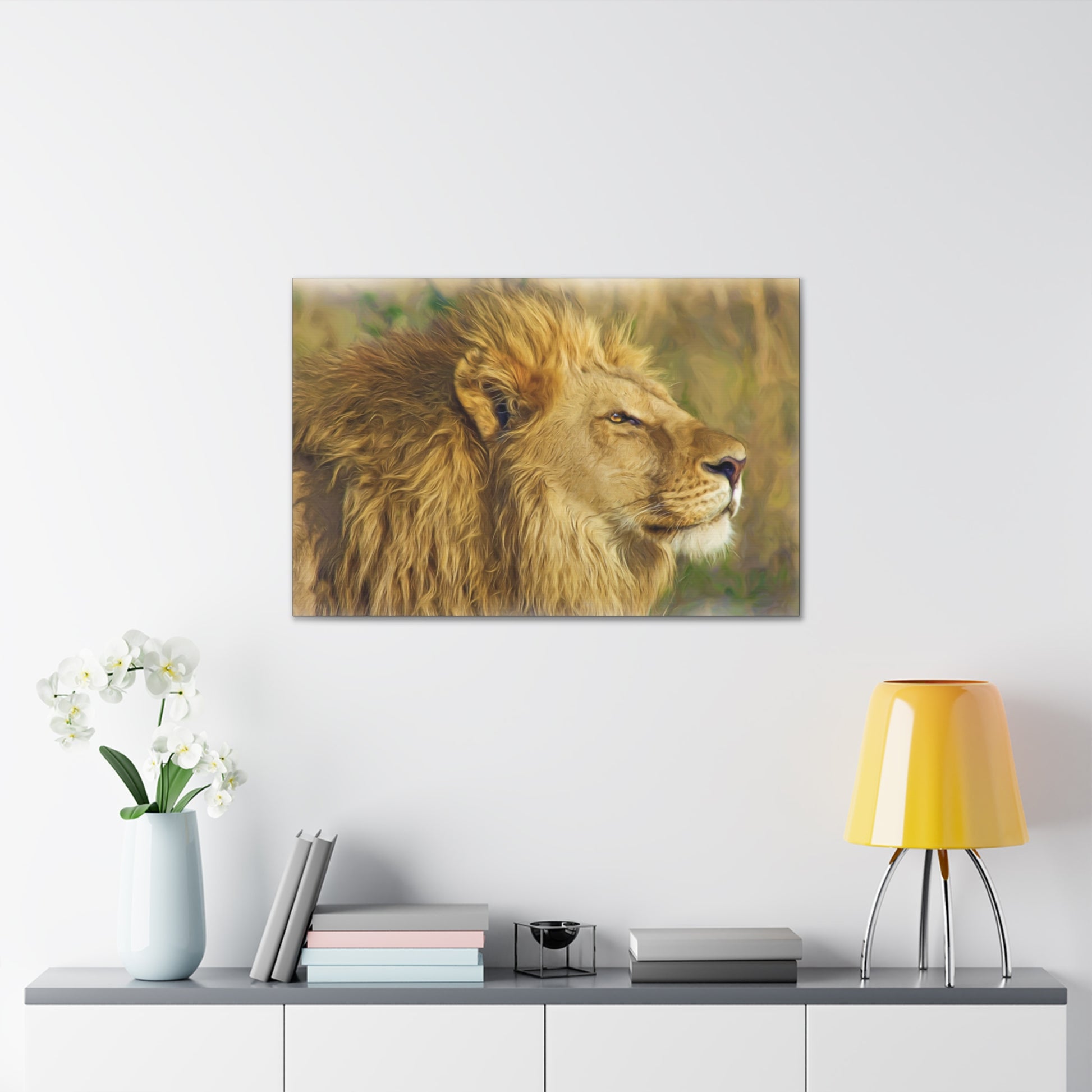 "King of the Plains – Lion in the Savanna Wall Art on canvas, acrylic, and metal – front view featuring a majestic lion surveying the grasslands."
