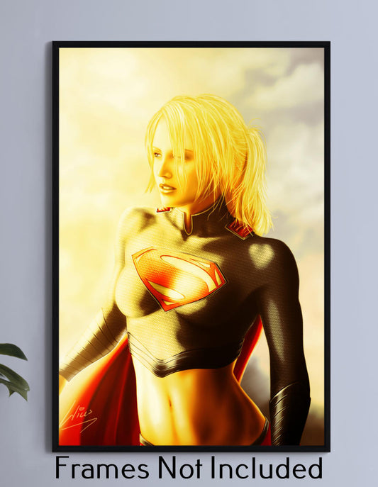 "Solar Ascension – Supergirl Wall Art on canvas, acrylic, and metal – Supergirl with sunlight on her face, eyes closed, peaceful and radiant."

