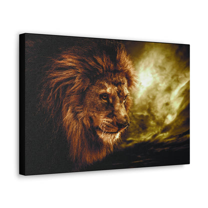 "Celestial King – Lion with Cloudscape Wall Art on canvas, acrylic, and metal – front view featuring a majestic lion against a dramatic sky."
