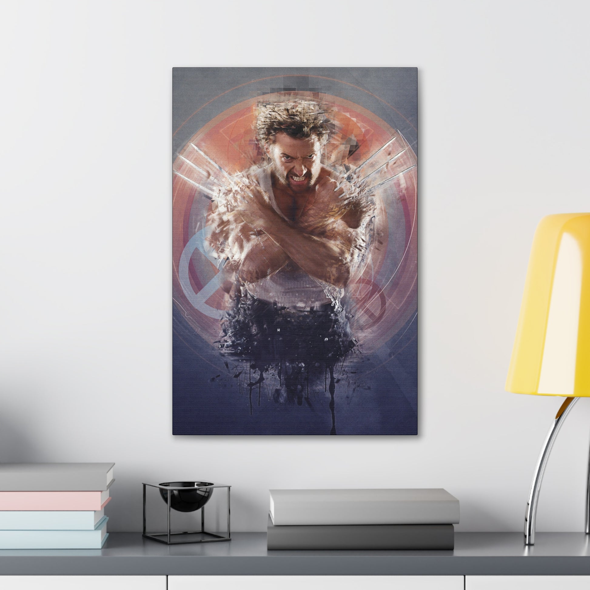 "Berserker Leap – Wolverine Iconic Jump Charge Wall Art on canvas, acrylic, and metal – front view featuring Wolverine mid-air with claws extended."
