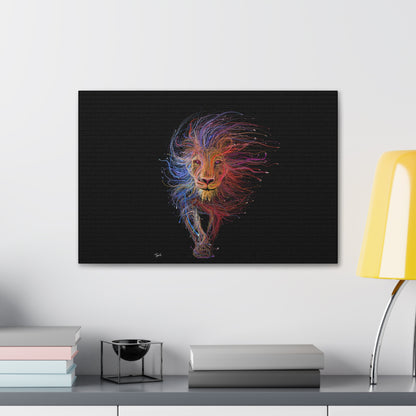 "Spectrum King – Vibrant Line Art Lion Wall Print on canvas, acrylic, and metal – front view featuring a colorful abstract lion shape."
