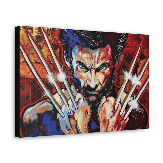 "Berserker Brilliance – Vibrant Wolverine Claws Out Wall Art on canvas, acrylic, and metal – front view featuring Wolverine in a dynamic, colorful stance."
