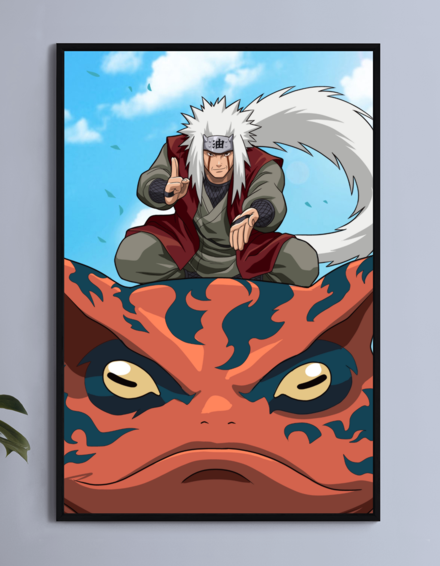 Jiraiya-inspired toad sage kneeling atop a giant summon under clear sky; artwork by Ryan Pasibe.