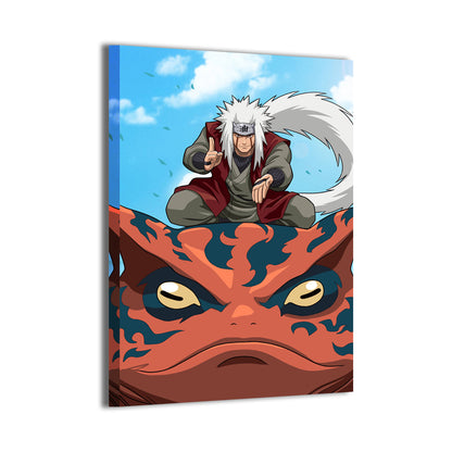 Canvas—mentor ninja on giant toad, bold anime composition; art by Ryan Pasibe.