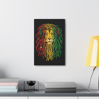 "Bob Marley-Inspired Lion Wall Art on canvas, acrylic, and metal – front view featuring reggae colors and dreadlock-style mane"
