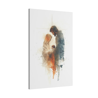 Holy Family Wall Art featuring Jesus Christ as a child with Mary and Joseph – available on canvas, acrylic, and metal