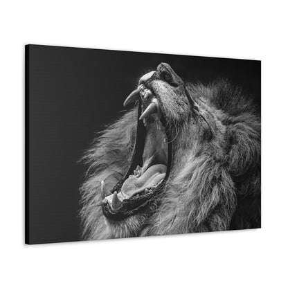 "Monochrome Roar – Black & White Lion Wall Art on canvas, acrylic, and metal – front view featuring a roaring lion."
