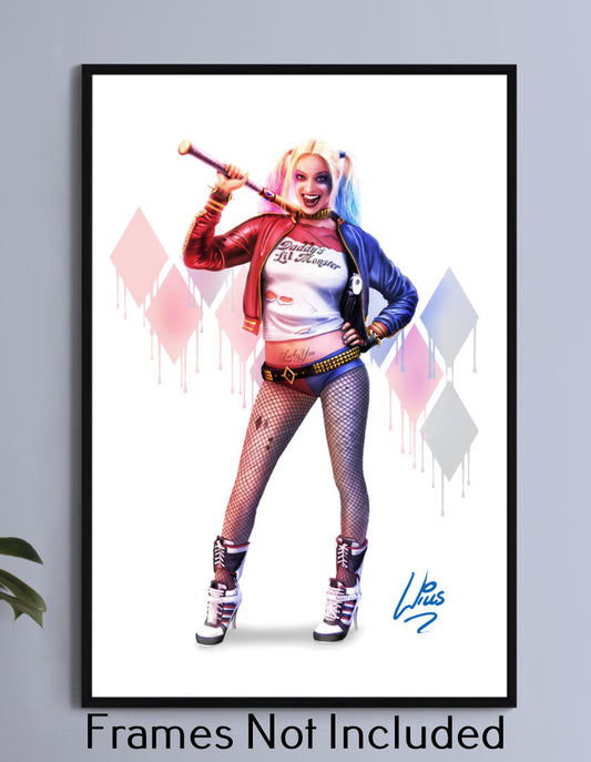 "Mayhem & Mischief – Harley Quinn Wall Art on canvas, acrylic, and metal – Margot Robbie as Harley Quinn with baseball bat and playful pose."

