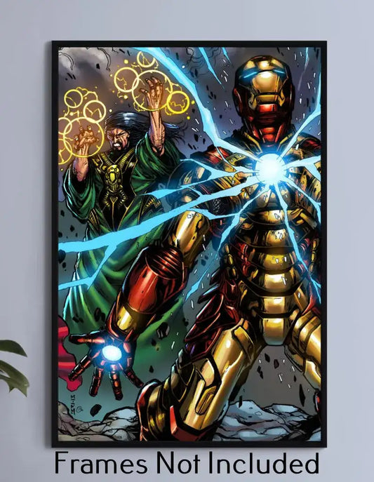 12x18 canvas wall art featuring Iron Man and Mandarin clash with arc reactor and rings
