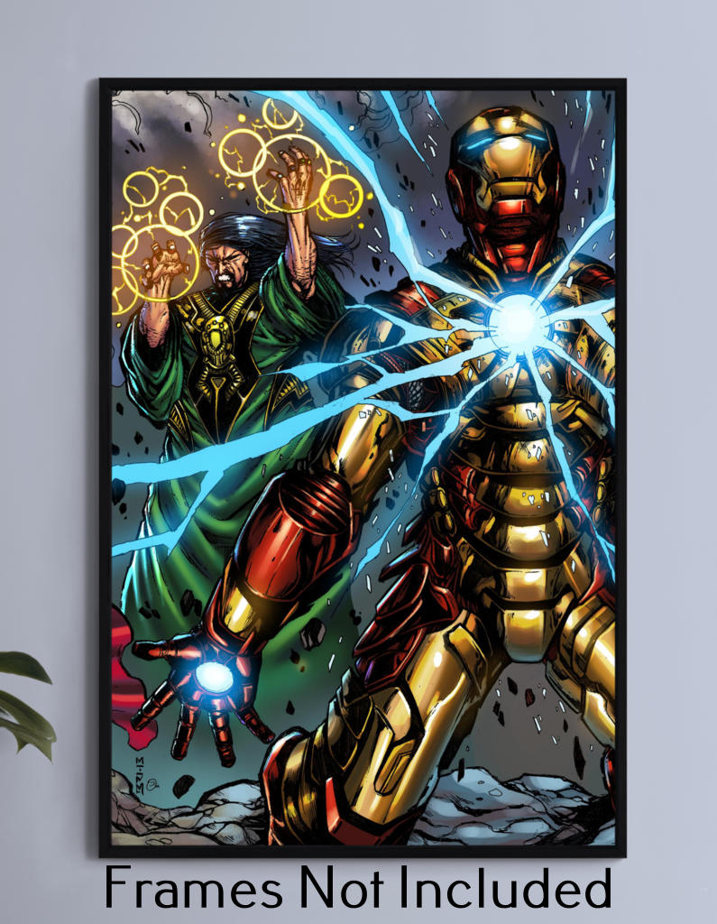 12x18 canvas wall art featuring Iron Man and Mandarin clash with arc reactor and rings