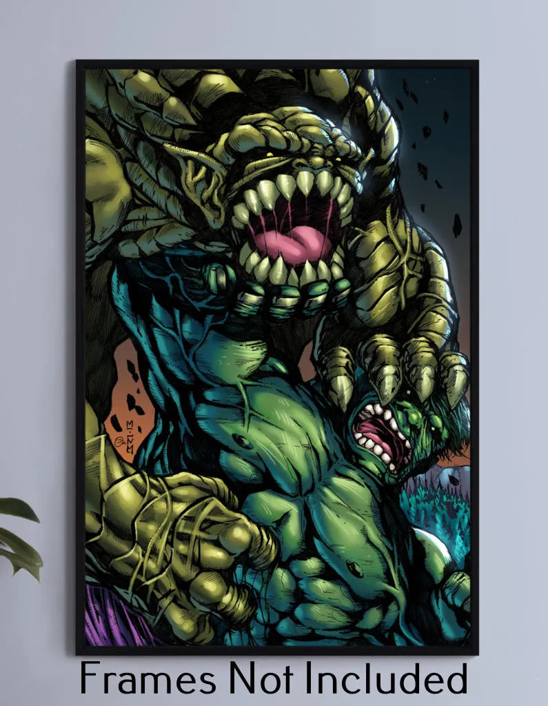  12x18 canvas wall art of Hulk and Abomination locked in brutal monster battle