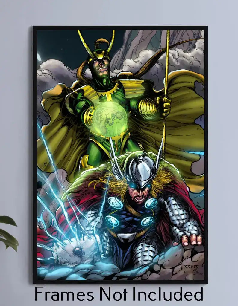 12x18 metal print of Thor summoning lightning while Loki conjures power above