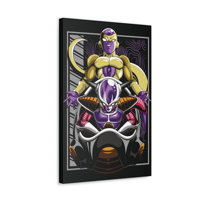"Dual Power – Golden Freeza & Freeza in Throne Wall Art on canvas, acrylic, and metal – featuring both Freeza’s golden transformation and his classic form in his chair."
